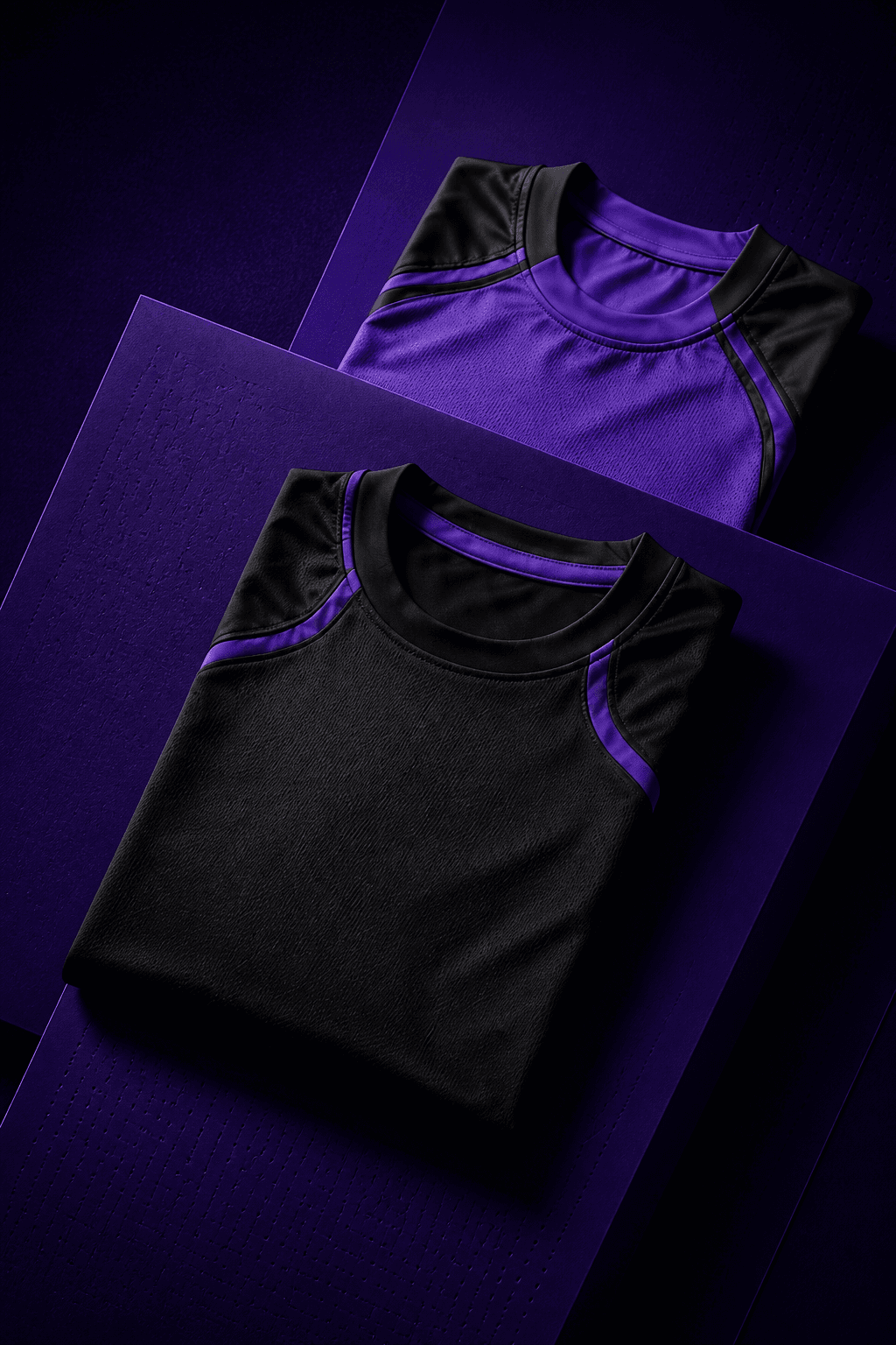 Dos camisetas deportivas, una violeta y otra negra, sobre una composición violeta